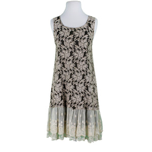 Rancho Estancia Sz L Black Beige Lined Laceover Double Ruffle Nylon Blend Dress