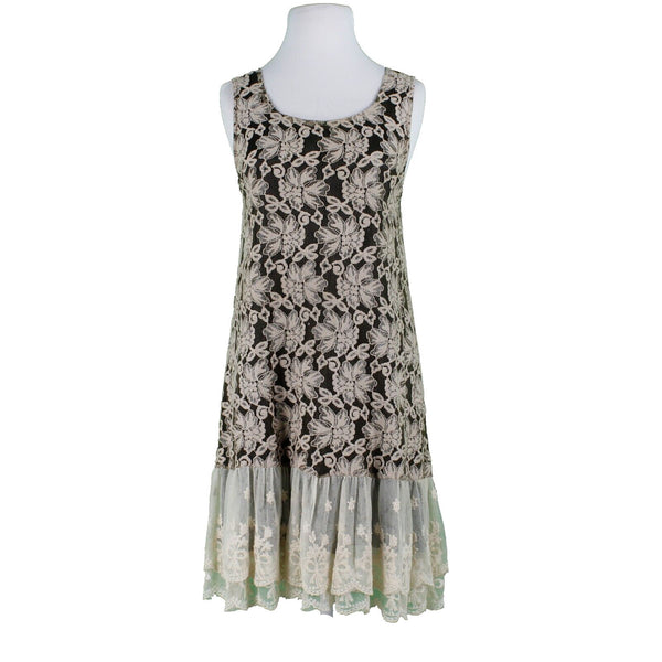 Rancho Estancia Sz L Black Beige Lined Laceover Double Ruffle Nylon Blend Dress