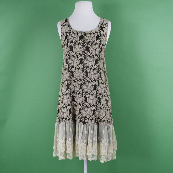 Rancho Estancia Sz L Black Beige Lined Laceover Double Ruffle Nylon Blend Dress
