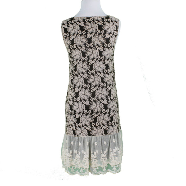 Rancho Estancia Sz L Black Beige Lined Laceover Double Ruffle Nylon Blend Dress