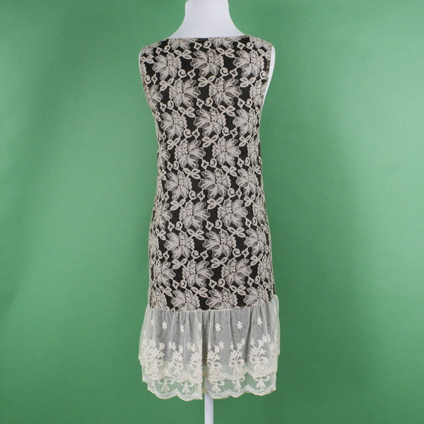 Rancho Estancia Sz L Black Beige Lined Laceover Double Ruffle Nylon Blend Dress