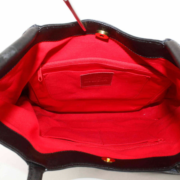Hobo Sz 13 x 16 Black Textured Leather Red Fabric Lined Shoulder Tote Purse