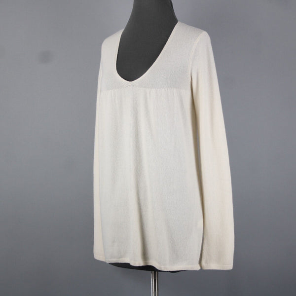 Vince Sz M Ivory Cream Pleated Round Neck Long Sleeve 100% Cashmere Sweater