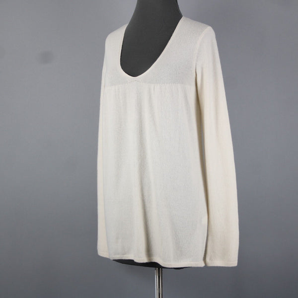Vince Sz M Ivory Cream Pleated Round Neck Long Sleeve 100% Cashmere Sweater