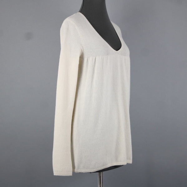 Vince Sz M Ivory Cream Pleated Round Neck Long Sleeve 100% Cashmere Sweater