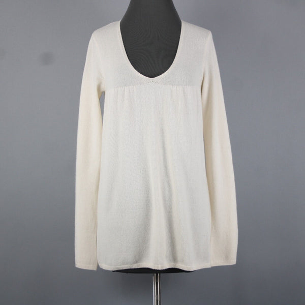 Vince Sz M Ivory Cream Pleated Round Neck Long Sleeve 100% Cashmere Sweater