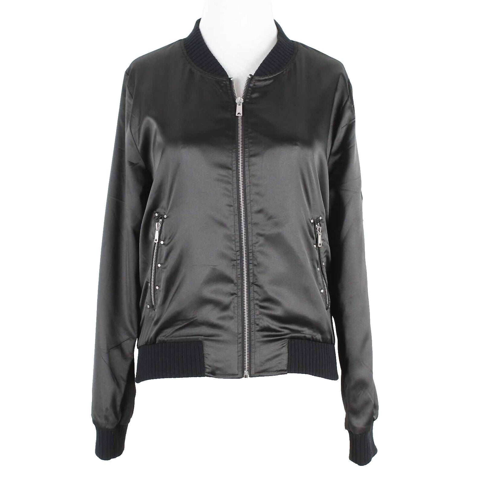 Love Tree Sz S Black Satin Silver Zip Studs Knit Band Polyester Blnd Jacket