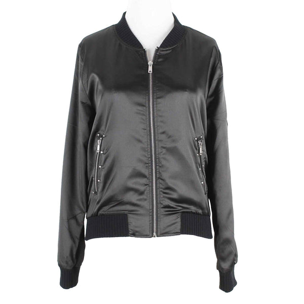 Love Tree Sz S Black Satin Silver Zip Studs Knit Band Polyester Blnd Jacket