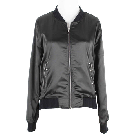 Love Tree Sz S Black Satin Silver Zip Studs Knit Band Polyester Blnd Jacket