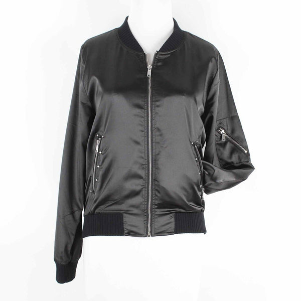 Love Tree Sz S Black Satin Silver Zip Studs Knit Band Polyester Blnd Jacket