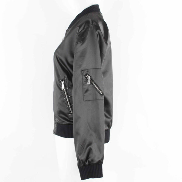 Love Tree Sz S Black Satin Silver Zip Studs Knit Band Polyester Blnd Jacket