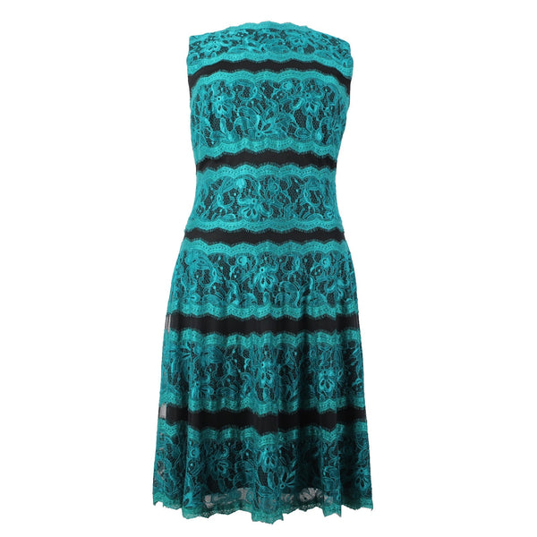 Tadashi Shoji Dress Sz 16 Aqua Blue Black Lace Fit Flare 100% Nylon Poly Dress