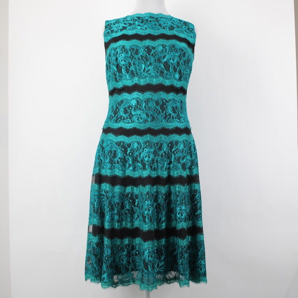 Tadashi Shoji Dress Sz 16 Aqua Blue Black Lace Fit Flare 100% Nylon Poly Dress