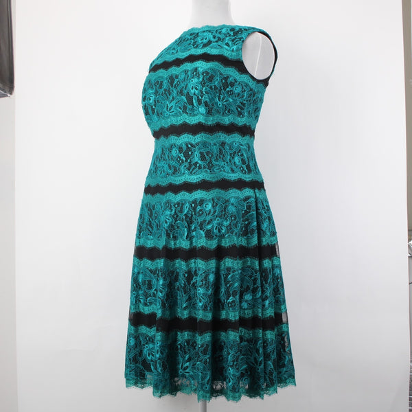 Tadashi Shoji Dress Sz 16 Aqua Blue Black Lace Fit Flare 100% Nylon Poly Dress