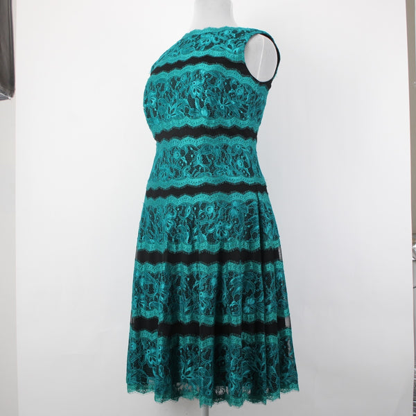 Tadashi Shoji Dress Sz 16 Aqua Blue Black Lace Fit Flare 100% Nylon Poly Dress