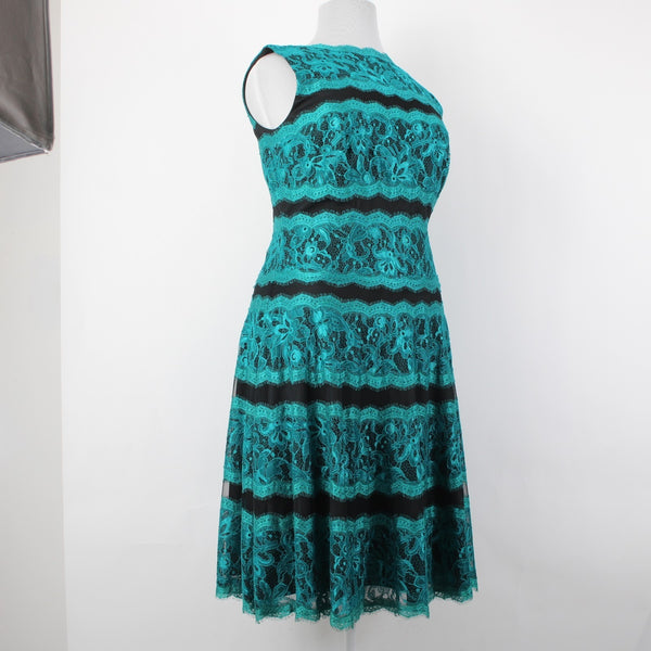 Tadashi Shoji Dress Sz 16 Aqua Blue Black Lace Fit Flare 100% Nylon Poly Dress