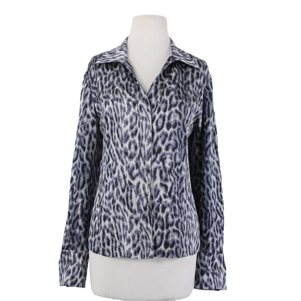 Lafayette 148 Top Sz 10 Purple Gray Animal Print Collared Buttons 100% Silk Top