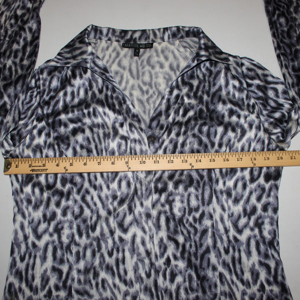 Lafayette 148 Top Sz 10 Purple Gray Animal Print Collared Buttons 100% Silk Top