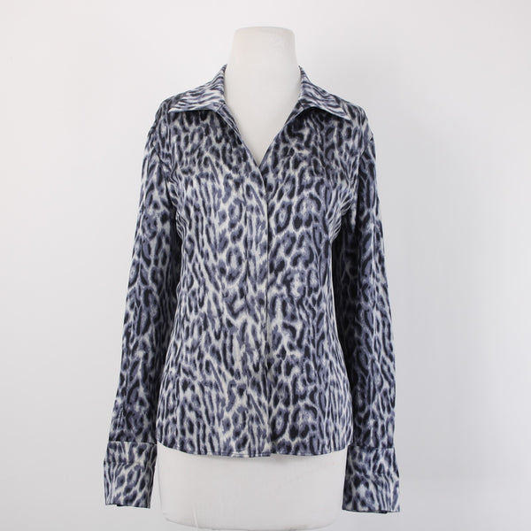 Lafayette 148 Top Sz 10 Purple Gray Animal Print Collared Buttons 100% Silk Top