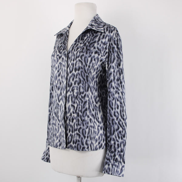 Lafayette 148 Top Sz 10 Purple Gray Animal Print Collared Buttons 100% Silk Top