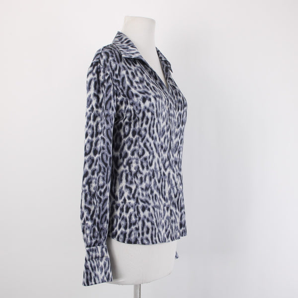 Lafayette 148 Top Sz 10 Purple Gray Animal Print Collared Buttons 100% Silk Top