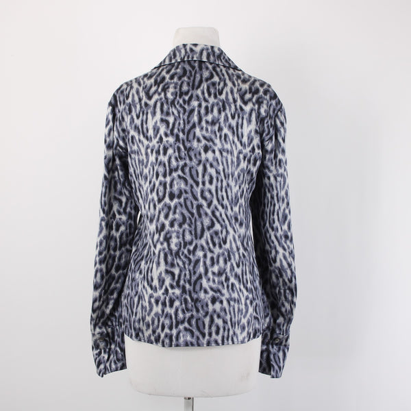Lafayette 148 Top Sz 10 Purple Gray Animal Print Collared Buttons 100% Silk Top