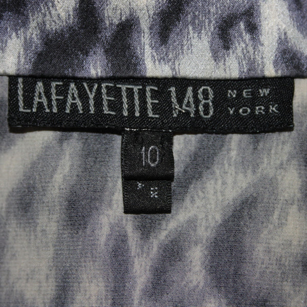 Lafayette 148 Top Sz 10 Purple Gray Animal Print Collared Buttons 100% Silk Top