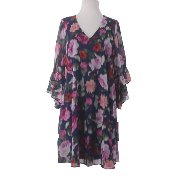 Calvin Klein Dress NEW Sz 12 Navy Blue Pink Floral Lined V Neck 100% Polyester