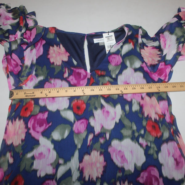 Calvin Klein Dress NEW Sz 12 Navy Blue Pink Floral Lined V Neck 100% Polyester