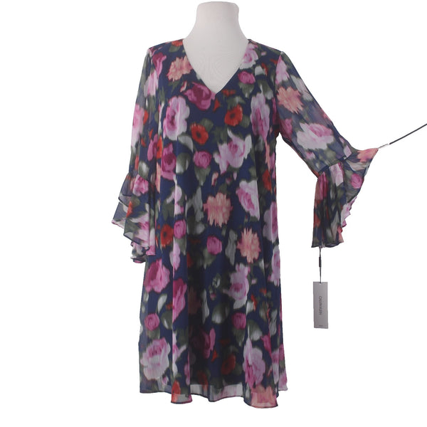 Calvin Klein Dress NEW Sz 12 Navy Blue Pink Floral Lined V Neck 100% Polyester