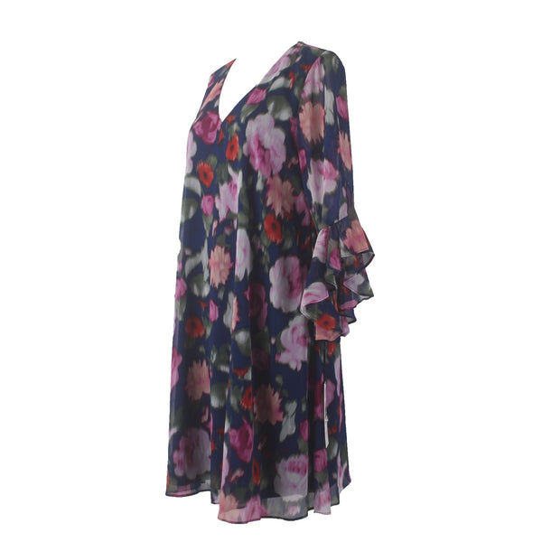 Calvin Klein Dress NEW Sz 12 Navy Blue Pink Floral Lined V Neck 100% Polyester