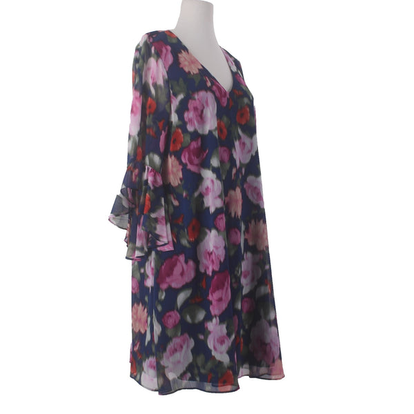Calvin Klein Dress NEW Sz 12 Navy Blue Pink Floral Lined V Neck 100% Polyester