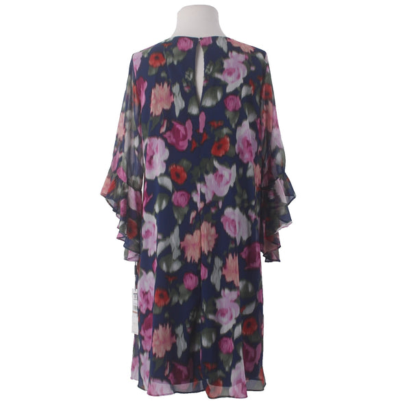 Calvin Klein Dress NEW Sz 12 Navy Blue Pink Floral Lined V Neck 100% Polyester