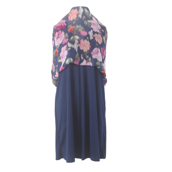Calvin Klein Dress NEW Sz 12 Navy Blue Pink Floral Lined V Neck 100% Polyester