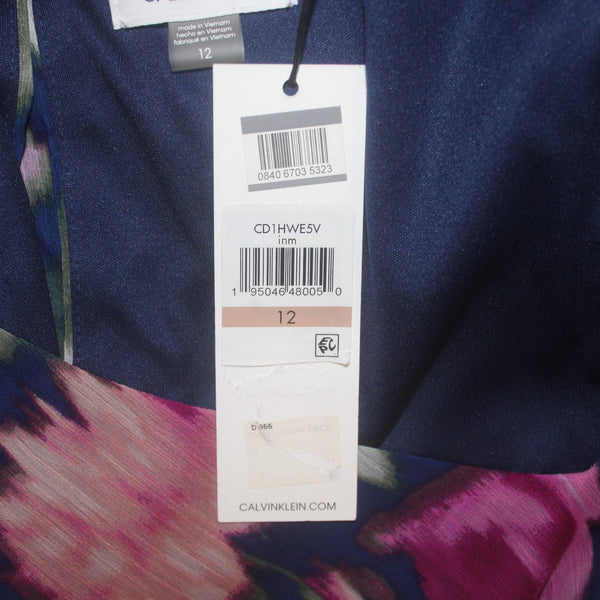 Calvin Klein Dress NEW Sz 12 Navy Blue Pink Floral Lined V Neck 100% Polyester