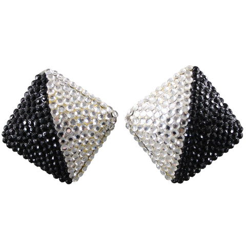 Caroline Williams Black Silver Rhinestones Square 1.5" Clip On Earrings