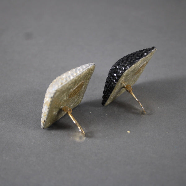 Caroline Williams Black Silver Rhinestones Square 1.5" Clip On Earrings