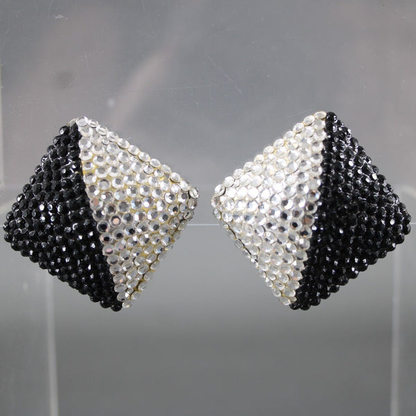 Caroline Williams Black Silver Rhinestones Square 1.5" Clip On Earrings