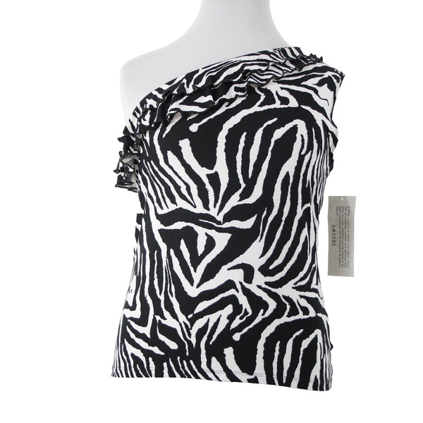 Amanda NEW $38 Sz 1X Black White Animal Print One Shoulder Polyester Spandex Top