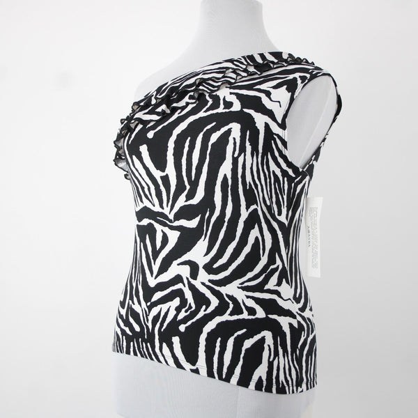 Amanda NEW $38 Sz 1X Black White Animal Print One Shoulder Polyester Spandex Top