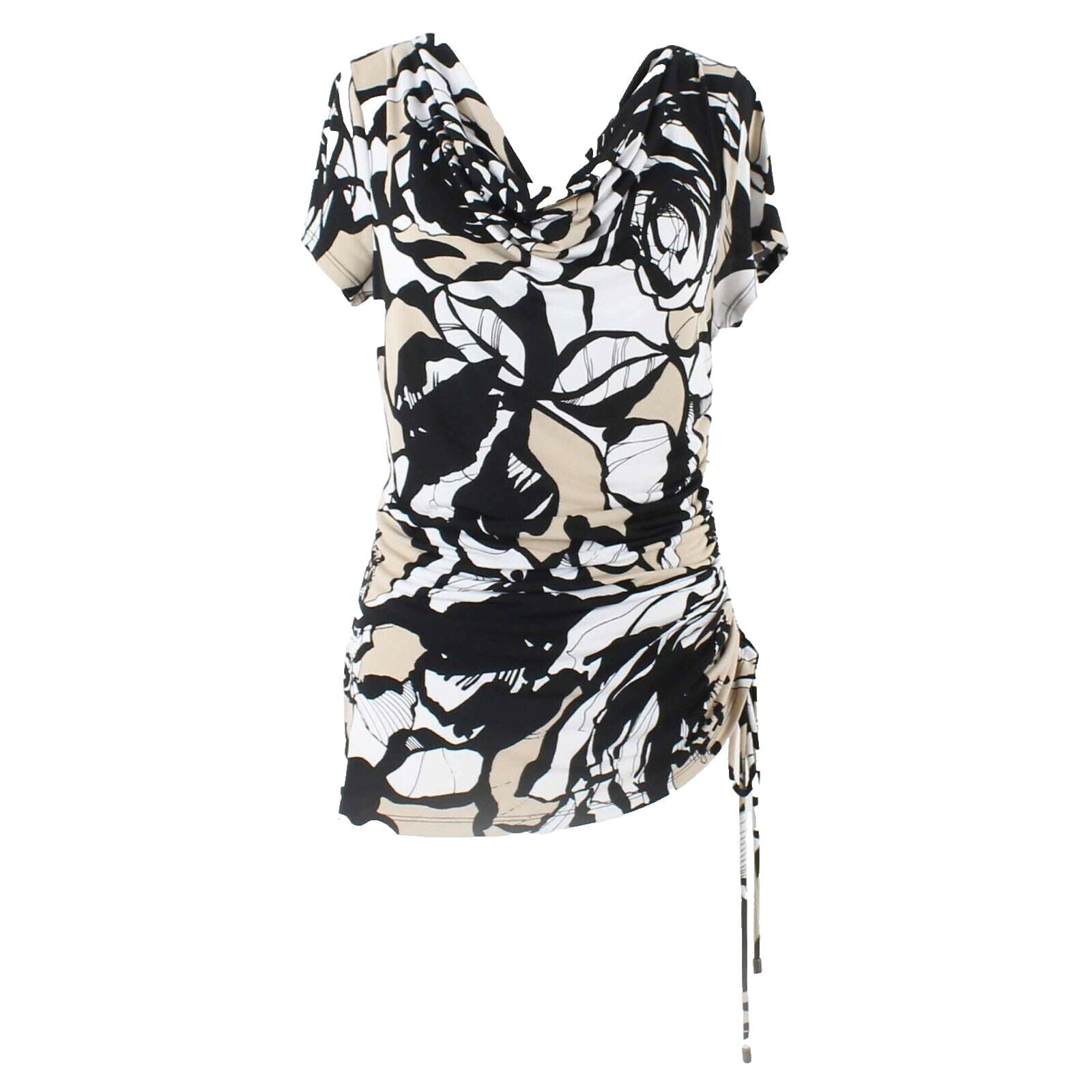 Dana Buchman Sz S Black White Tan Cowl Adjustable Side Ruch Poly Blend Top