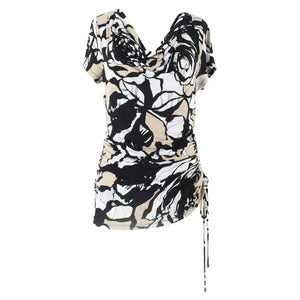 Dana Buchman Sz S Black White Tan Cowl Adjustable Side Ruch Poly Blend Top