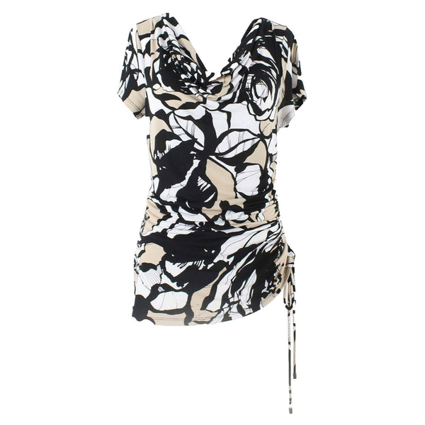 Dana Buchman Sz S Black White Tan Cowl Adjustable Side Ruch Poly Blend Top