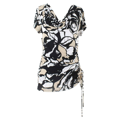 Dana Buchman Sz S Black White Tan Cowl Adjustable Side Ruch Poly Blend Top