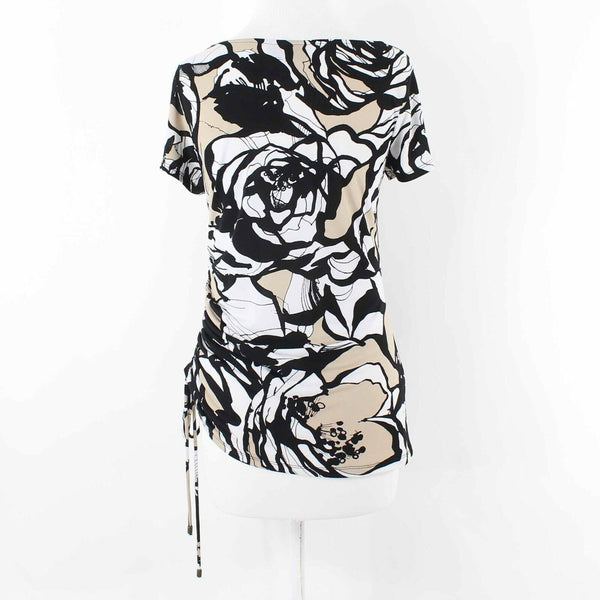 Dana Buchman Sz S Black White Tan Cowl Adjustable Side Ruch Poly Blend Top