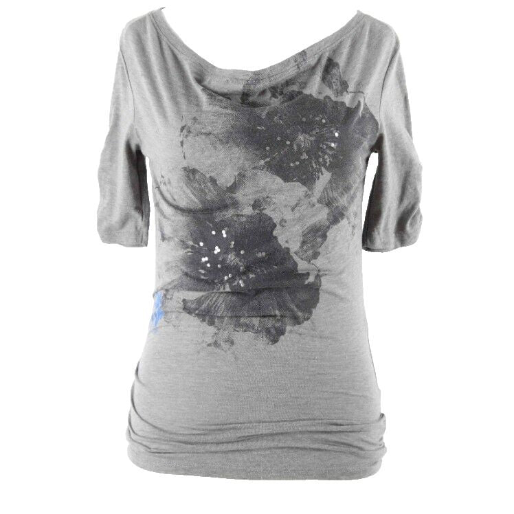 DKNY Sz XSP Gray Black Blue Silver Dots Ruched Polyester Blend Knit Top