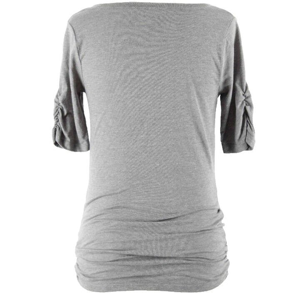 DKNY Sz XSP Gray Black Blue Silver Dots Ruched Polyester Blend Knit Top