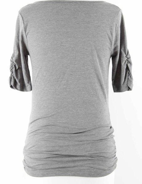 DKNY Sz XSP Gray Black Blue Silver Dots Ruched Polyester Blend Knit Top