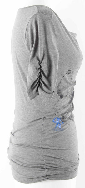 DKNY Sz XSP Gray Black Blue Silver Dots Ruched Polyester Blend Knit Top