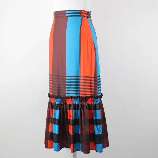Eva Franco NEW Anthropologie $140 Sz 6 Brown Orange Blue Lined Ruffle Poly Skirt
